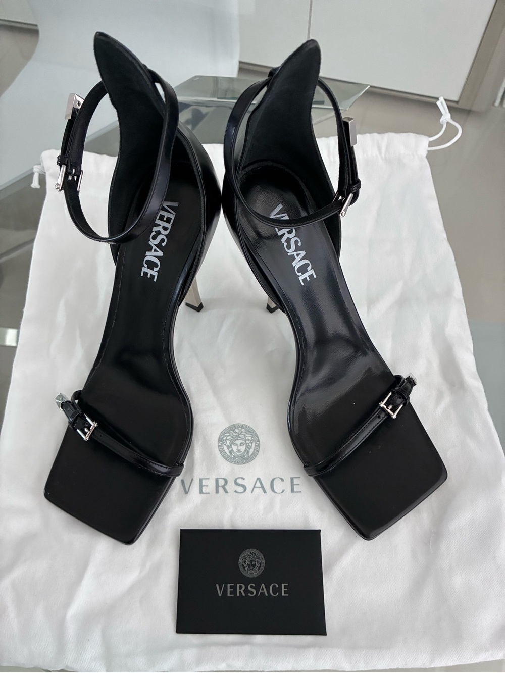 Versace Black Leather Pin Point Ankle-Strap Square-Toe Stiletto Heels